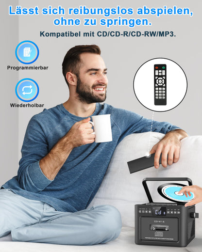 Greadio CD-Player tragbar mit Kassette, UKW Radio und Bluetooth