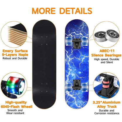 GIEEU Skateboard komplett, blinkende PU-Räder, 9-lagiges Ahorn-Deck