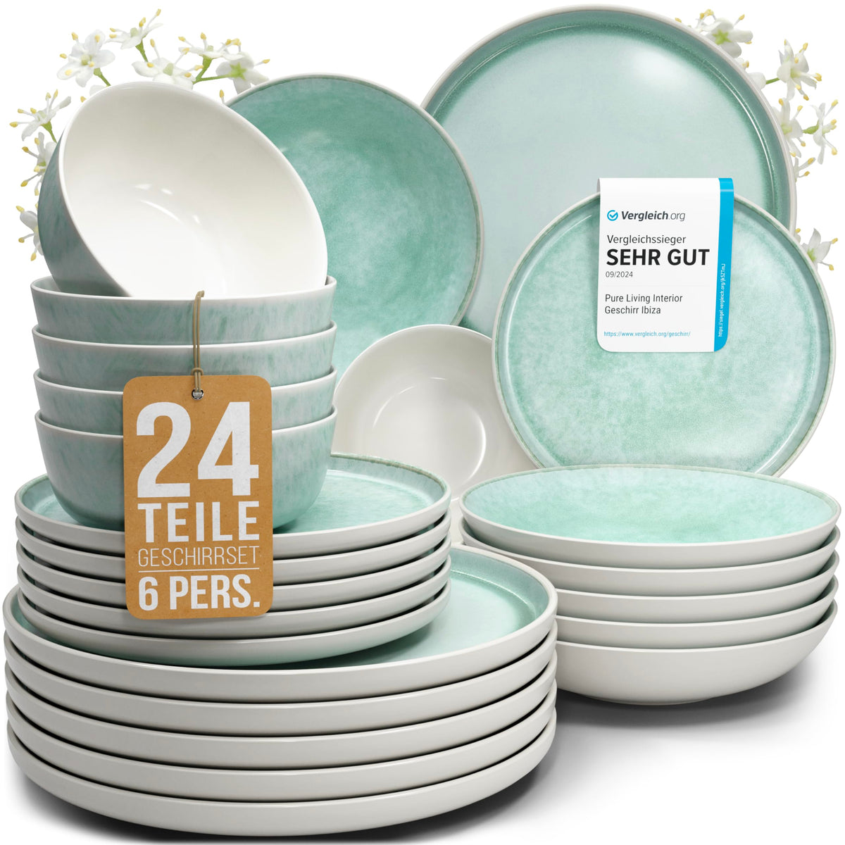 Pure Living Ibiza Geschirrset Steingut 24-tlg. Türkis –