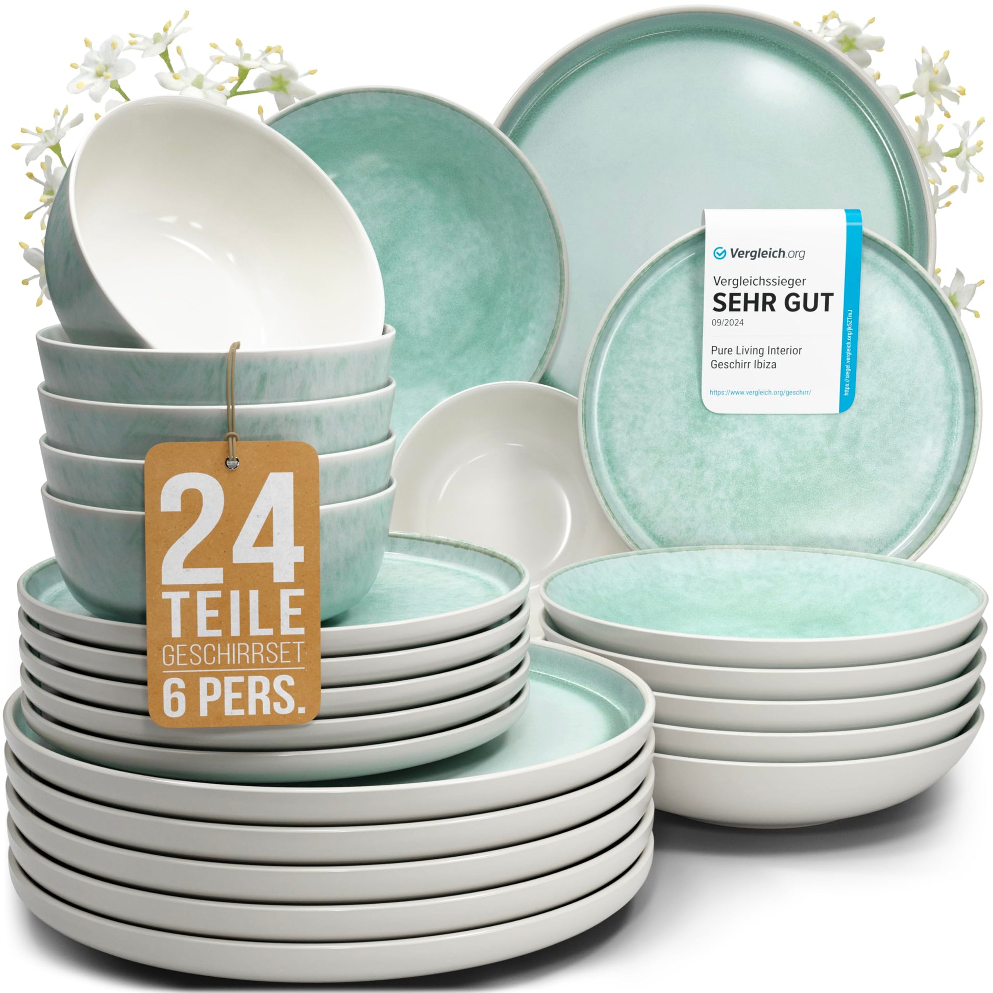 Pure Living Ibiza Steingut Geschirrset 6 Personen - 24 tlg. Türkis. Rundes, türkisfarbenes Steingutgeschirr zum Servieren von Speisen.