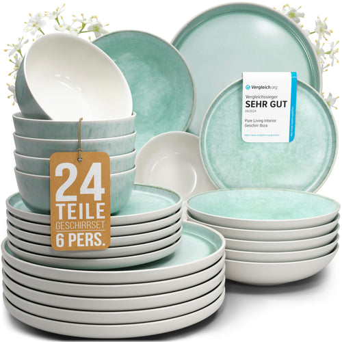 Pure Living Ibiza Steingut Geschirrset 6 Personen - 24 tlg. Türkis. Rundes, türkisfarbenes Steingutgeschirr zum Servieren von Speisen.