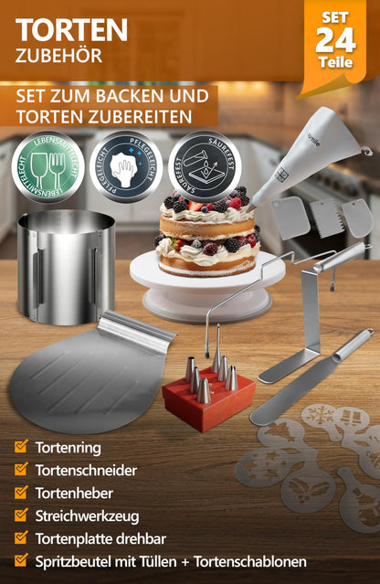 4smile Torten-Zubehör-Set 24-teilig mit Tortenring und Spritzbeutel