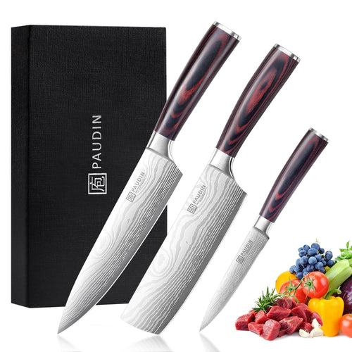 PAUDIN Küchen Messerset 3-tlg - Carbon Edelstahl Pakkaholz