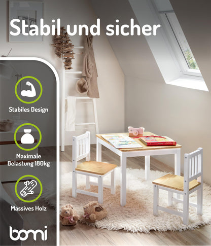 Bomi Amy Kindertisch mit 2 Stühlen Set Holz Weiss Natur