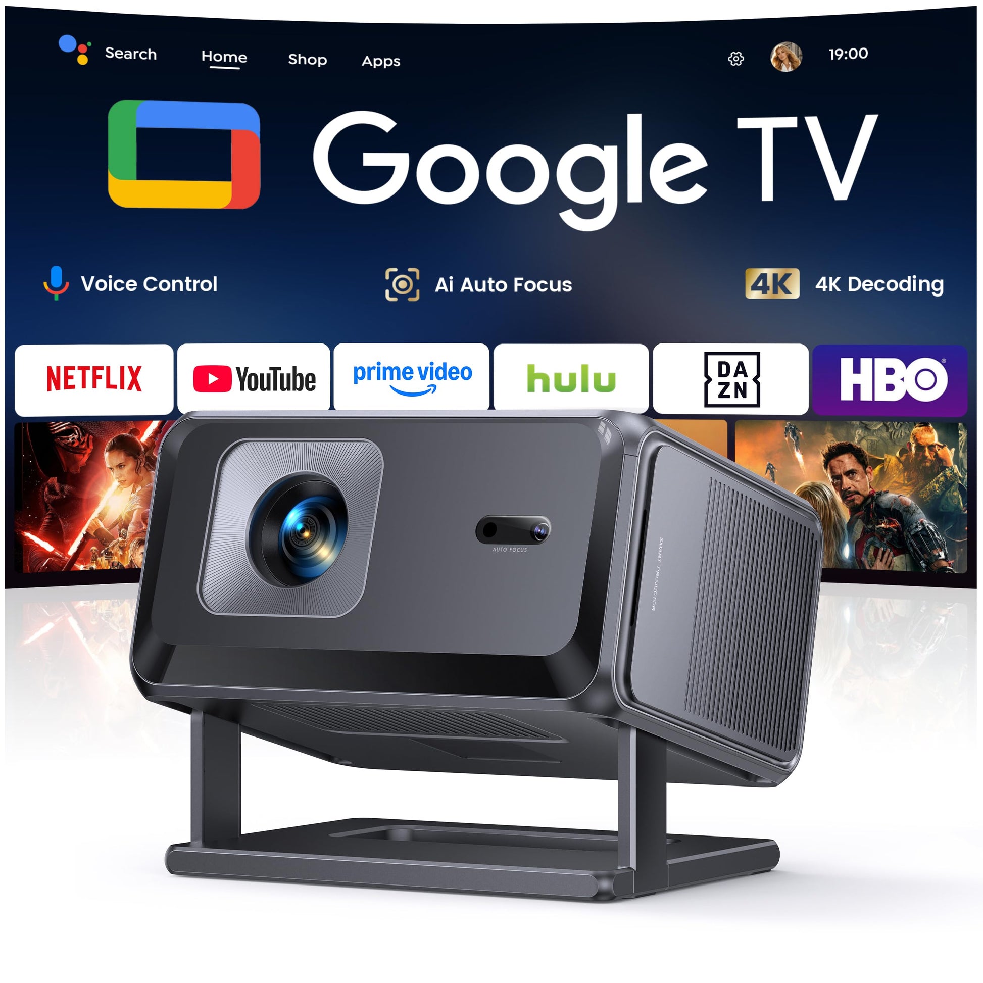 TOPTRO TP3 Smart Beamer Full HD mit Google TV und Autofokus, mit drehbarer Halterung und Tragegriff