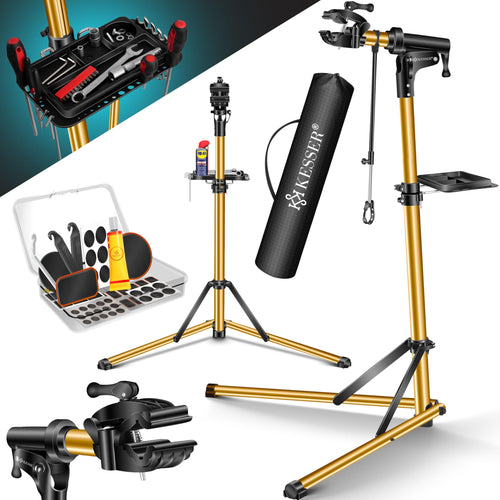 KESSER Profi Fahrrad Montageständer Aluminium – Gold. Goldfarbener Fahrrad Montageständer zum sicheren Reparieren und Warten von Fahrrädern.
