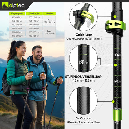 Alpteq Wanderstöcke faltbar Carbon 115-135 cm - Lime Green