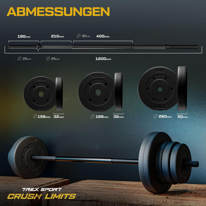 TREX SPORT Langhantel Set 22 kg mit 120 cm Stahlstange und 8 Scheiben