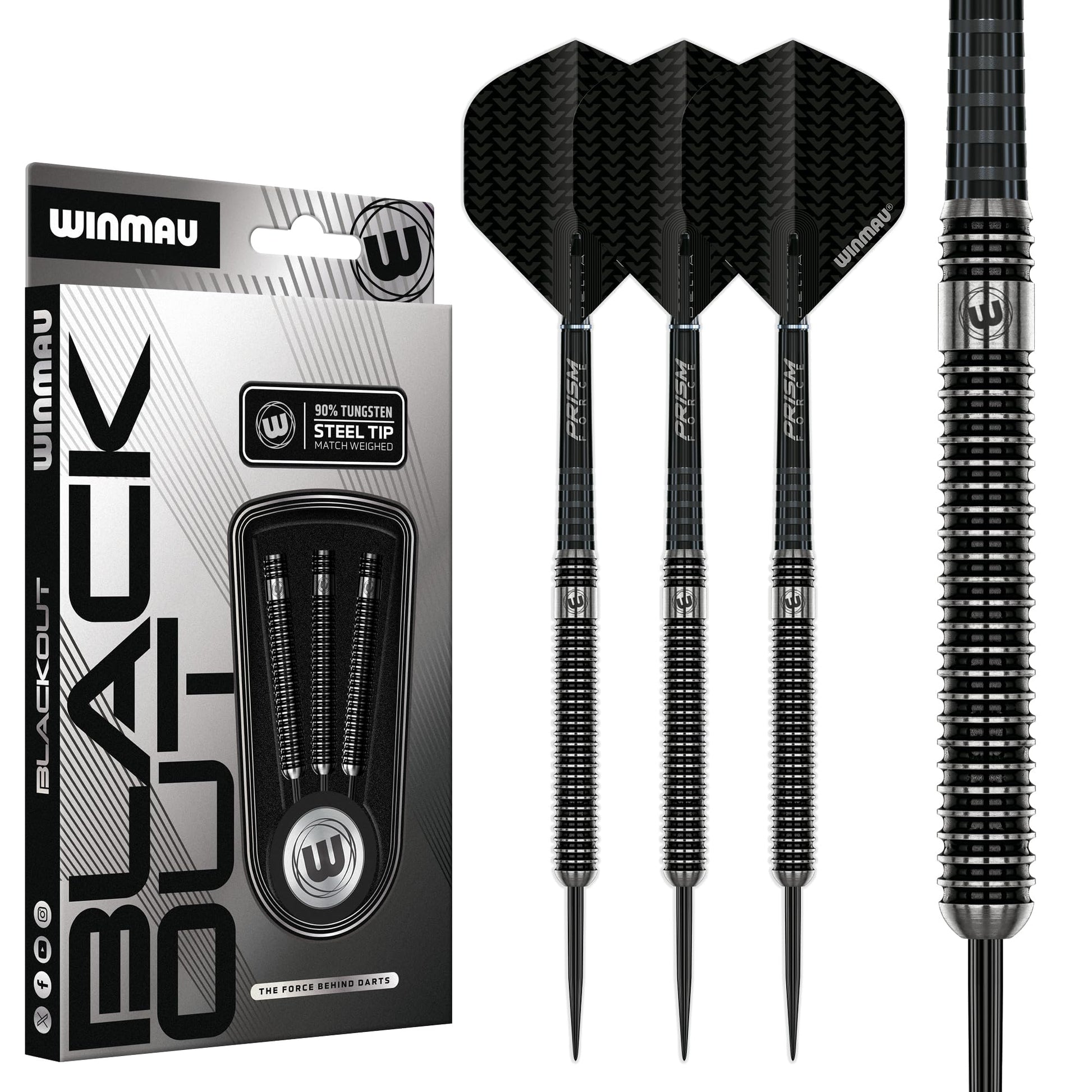WINMAU Blackout Steeldartpfeile 23g Parallel, 90 % Tungsten – schwarze Ringgrip-Barrels mit Stahlspitze
