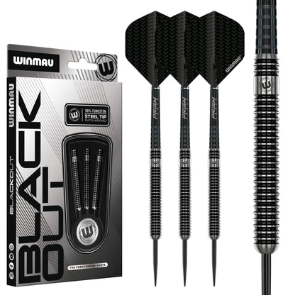 WINMAU Blackout Steeldartpfeile 23g Parallel, 90 % Tungsten – schwarze Ringgrip-Barrels mit Stahlspitze