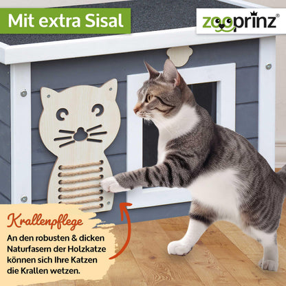 zooprinz Premium Holz Katzenhaus – Katzenkiste mit Dach zum Öffnen, Fenster und Schwingtür – Sisalband an der Katzenbox – Wetterfest für Garten/Balkon – Innen- und Draußen Hütte (Grau-Weiß, Standard)