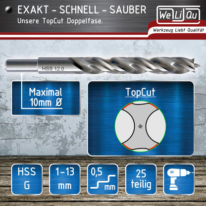 WELIQU 25-tlg. Holzbohrer Set - HSS-G 1-13 mm