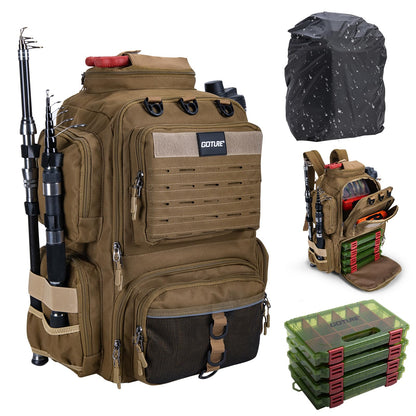 Goture Angelrucksack 45L – 4 Köderboxen, Rutenhalter, wasserabweisend