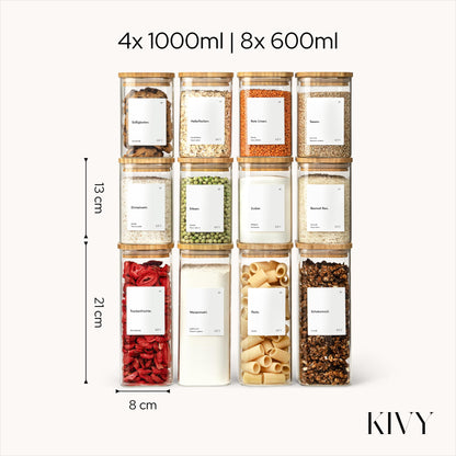 KIVY Vorratsgläser eckig 12er Set – Bambus, Etiketten