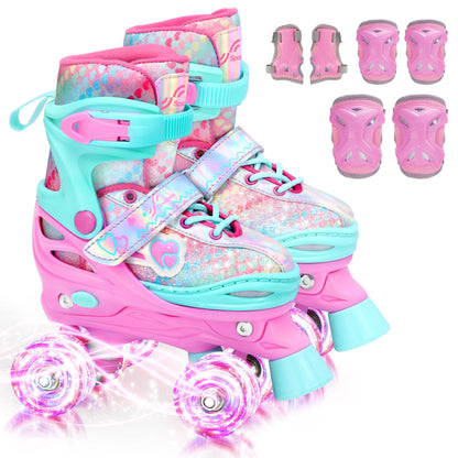 Sportneer Rollschuhe Kinder verstellbar, LED-Rollen + Protektoren-Set, Herz-Muster, Glitzer-Design