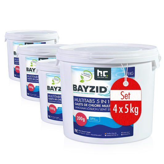 BAYZID Chlor Multitabs 5in1 Chlortabletten 200g - 20kg. Weiße Tabletten zur Desinfektion und Pflege von Poolwasser.
