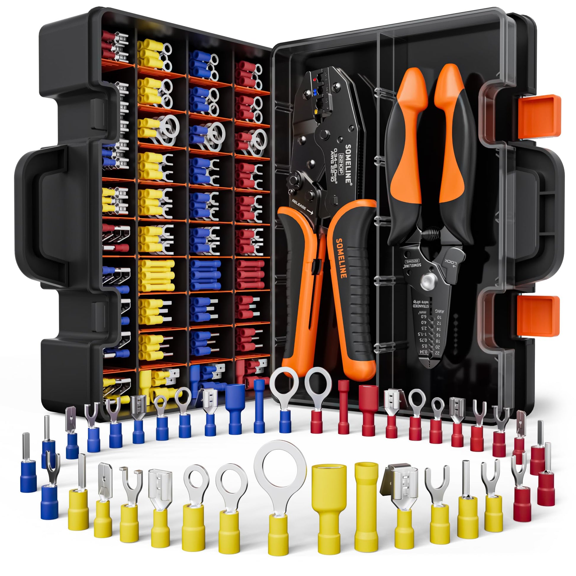 SOMELINE Crimpzange Set mit 45 Kabelschuh-Typen, 0,34–6 mm², Ratschenmechanismus und Aufbewahrungsbox