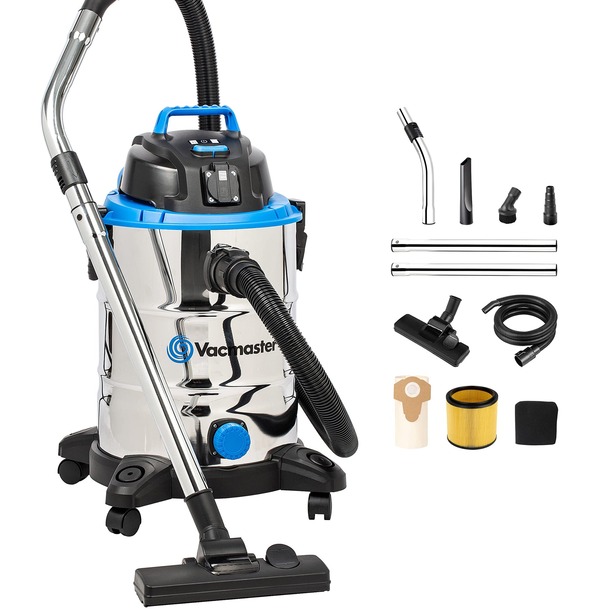 Vacmaster VQ1530SFDC Nass-Trockensauger 1500W 30L Edelstahl. Zylindrischer Sauger entfernt nasse und trockene Materialien in Werkstätten.