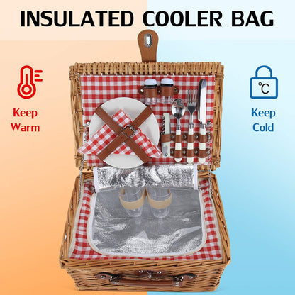 ZORMY Weidenkorb für 2 Personen, Weidenkorb Korb-Sets mit isoliertem Fach, handgefertigter Picknickkorb für 2 Personen, klassisches rotes Karo mit Utensilien, Besteck, perfekt für Picknick, Camping