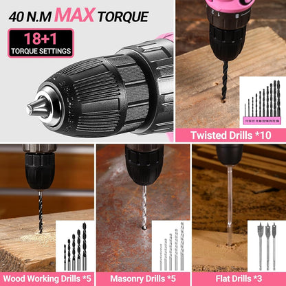 DEKO Werkzeugkoffer 186-teilig mit Akku-Bohrschrauber 20 V rosa