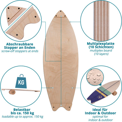 valuents Balance Board Surfboard Holz inkl. Rolle