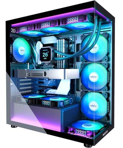 MUSETEX K2 PC Gehäuse ATX Mid Tower, 7 PWM ARGB-Lüfter, Schwarz – 270°-Panorama-Hartglas