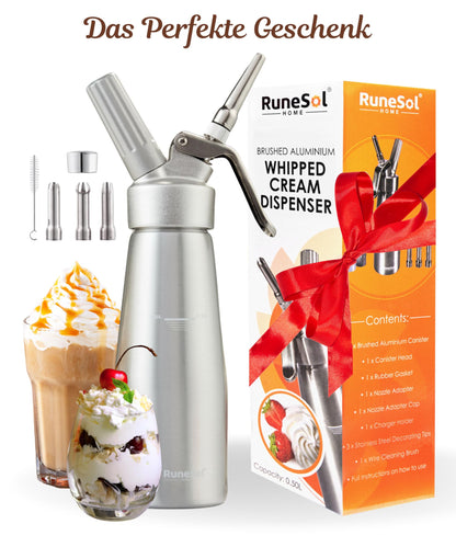 Runesol Sahnespender 500 ml aus Aluminium mit 3 Edelstahl-Düsen