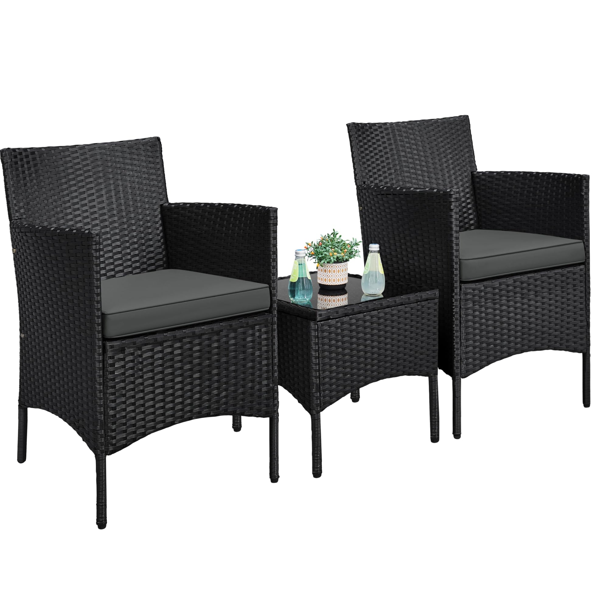 Yaheetech Gartenmöbel-Set 3-teilig, 2 Stühle & Tisch, PE-Polyrattan mit Sitzkissen