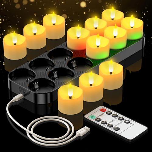 daphomeu LED Teelichter wiederaufladbar 12 Stück mit Ladestation, Fernbedienung und Timer