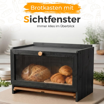 AH Bambus Brotkasten mit Schneidebrett, schwarz, 40 x 26 x 23 cm