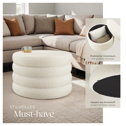 tectake® XL Scandi Stauraum Hocker Pouf – Bouclé Creme-weiss