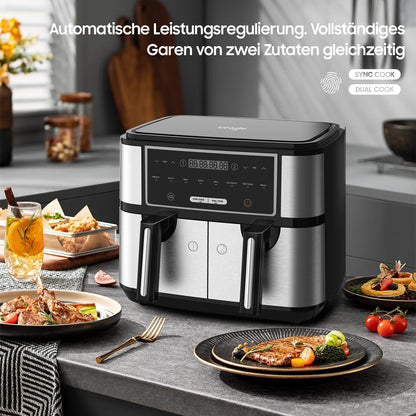 Dual Zone Heissluftfritteuse - Doppelkammer 10L Airfryer mit 2 Körben