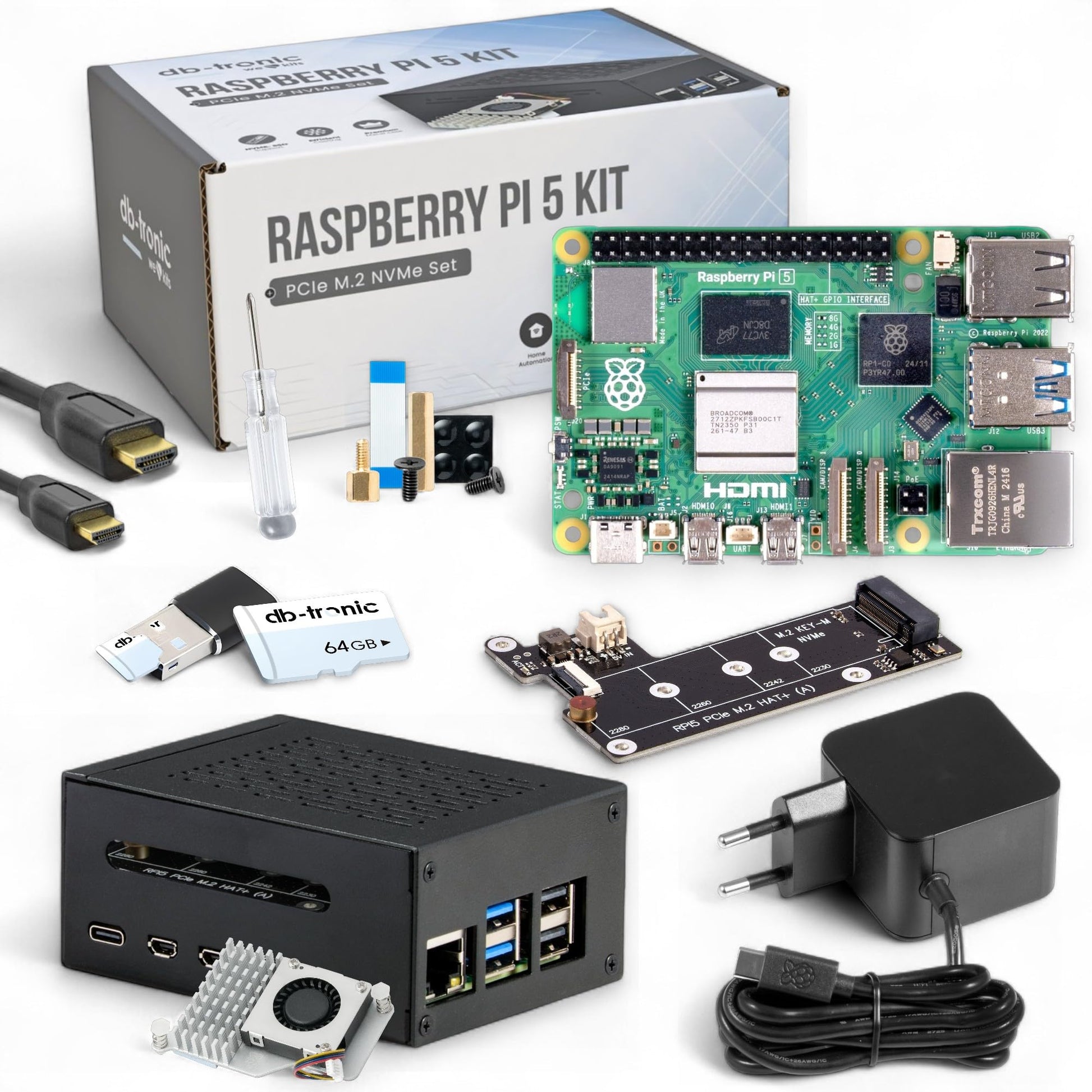 Raspberry Pi 5 8GB Mini-PC Set - PCIe M.2 NVMe 64GB SSD. Grünes, rechteckiges SBC. Mini-PC für Embedded & IoT Projekte.