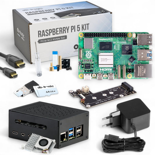 Raspberry Pi 5 8GB Mini-PC Set - PCIe M.2 NVMe 64GB SSD. Grünes, rechteckiges SBC. Mini-PC für Embedded & IoT Projekte.