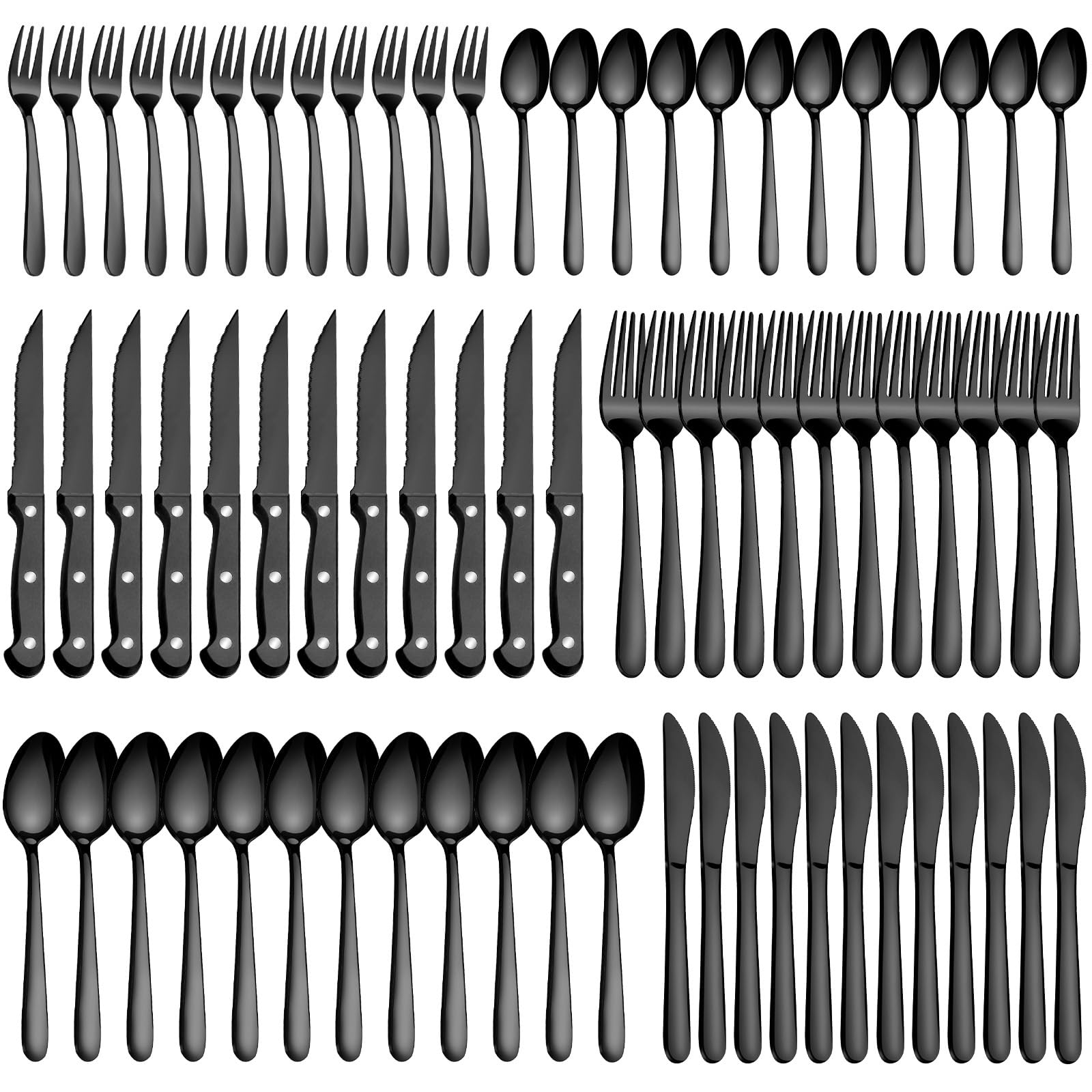 Pleafind Besteck Set 12 Personen, 72-teilig, Edelstahl, schwarz, mit Ess- und Steakmessern