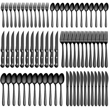Pleafind Besteck Set 12 Personen, 72-teilig, Edelstahl, schwarz, mit Ess- und Steakmessern