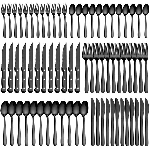 Pleafind Besteck Set 12 Personen, 72-teilig, Edelstahl, schwarz, mit Ess- und Steakmessern