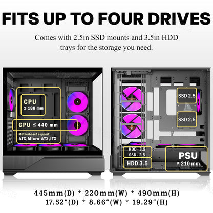 ANSAITE H-D9 ATX Mid-Tower PC-Gehäuse mit 6 ARGB PWM-Lüftern, schwarz