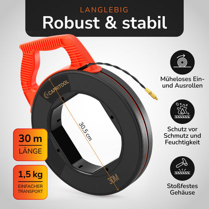 Capritool Kabeleinziehhilfe 30 m – Einziehfeder mit 5 Adaptern