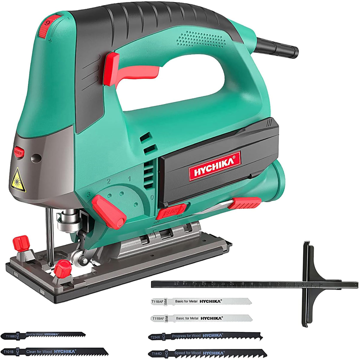 HYCHIKA Stichsäge 800W mit Laser, 110 mm Schnitttiefe, 6 Blätter und Führungslineal