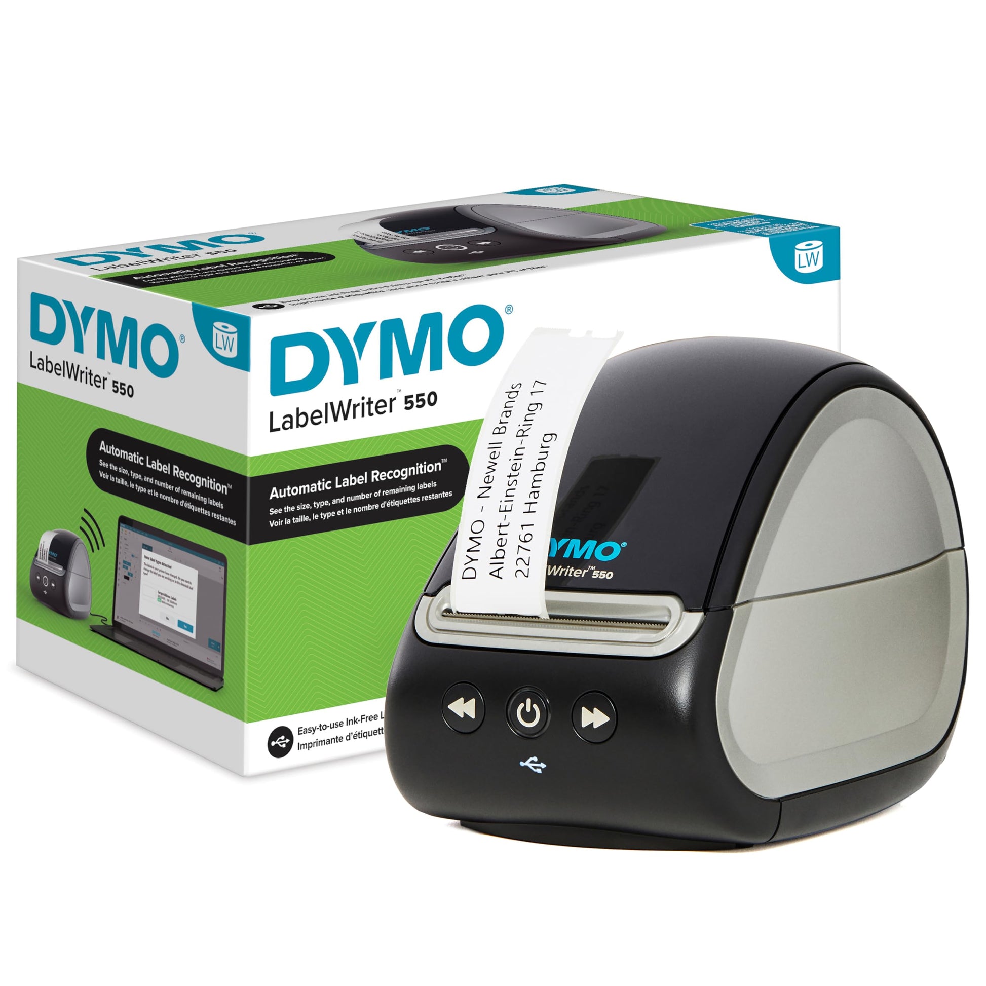 DYMO LabelWriter 550 Etikettendrucker, schwarzes Kompaktgerät. Thermodirekt druckt präzise Adress- & Versandetiketten.