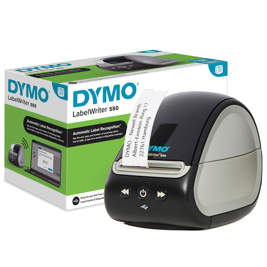 DYMO LabelWriter 550 Etikettendrucker, schwarzes Kompaktgerät. Thermodirekt druckt präzise Adress- & Versandetiketten.