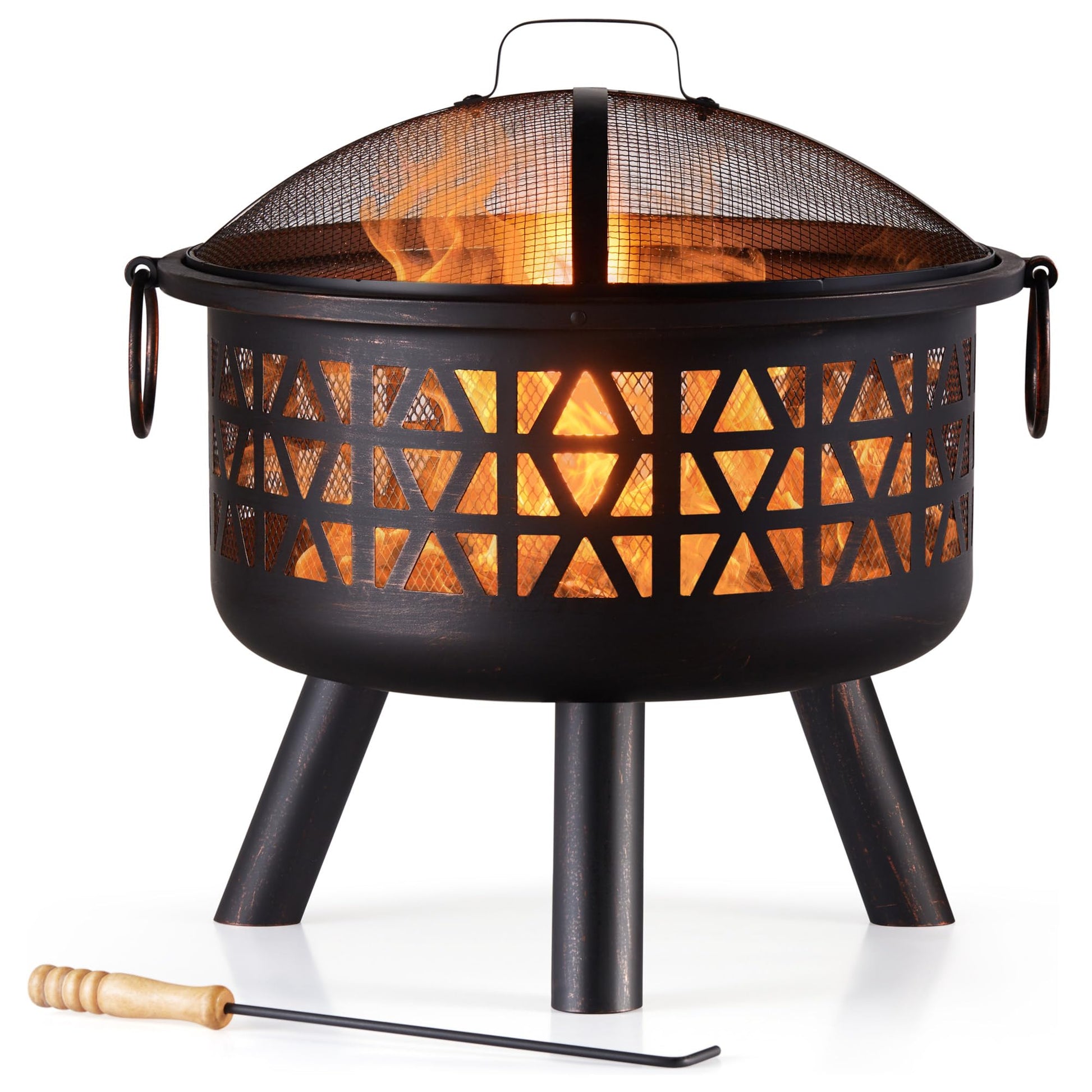 VonHaus Geo Feuerstelle, Feuerkorb aus Stahl mit Funkenschutz, rundes Design in Bronzeton