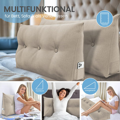 ELONEO Rückenkissen 180 cm breit, Keilkissen für Bett und Sofa geeignet, dreieckiges Lesekissen, Kissen mit abnehmbarem und waschbarem Bezug, mit praktischem Seitenfach