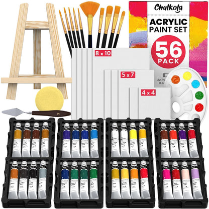 Chalkola Acrylfarben Set mit Staffelei, 32 Farben, 10 Leinwände – mit Pinseln und Mischpalette