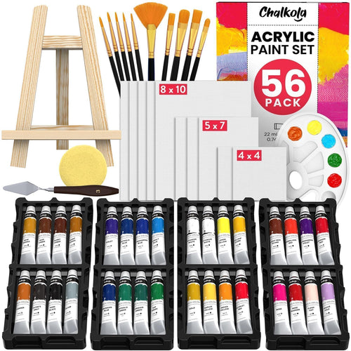Chalkola Acrylfarben Set mit Staffelei, 32 Farben, 10 Leinwände – mit Pinseln und Mischpalette