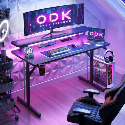 ODK Gaming Schreibtisch 100cm – LED, Steckdosen, Carbon Schwarz