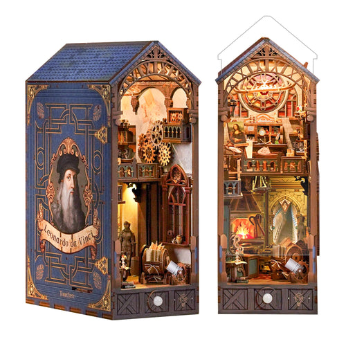 Tonecheer Leonardo da Vinci Book Nook 3D Puzzle LED Staubschutz. Selbstbau-Diorama aus Holz mit LED-Beleuchtung & Schutzhaube für Regale.