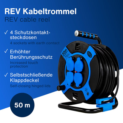 REV Kabeltrommel 50m Outdoor, IP44, 4 Schutzkontaktsteckdosen, blau