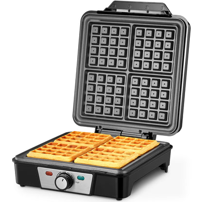 Reemix Waffeleisen für 4 belgische Waffeln, 1200 W, Edelstahl – eckige antihaftbeschichtete Backplatten